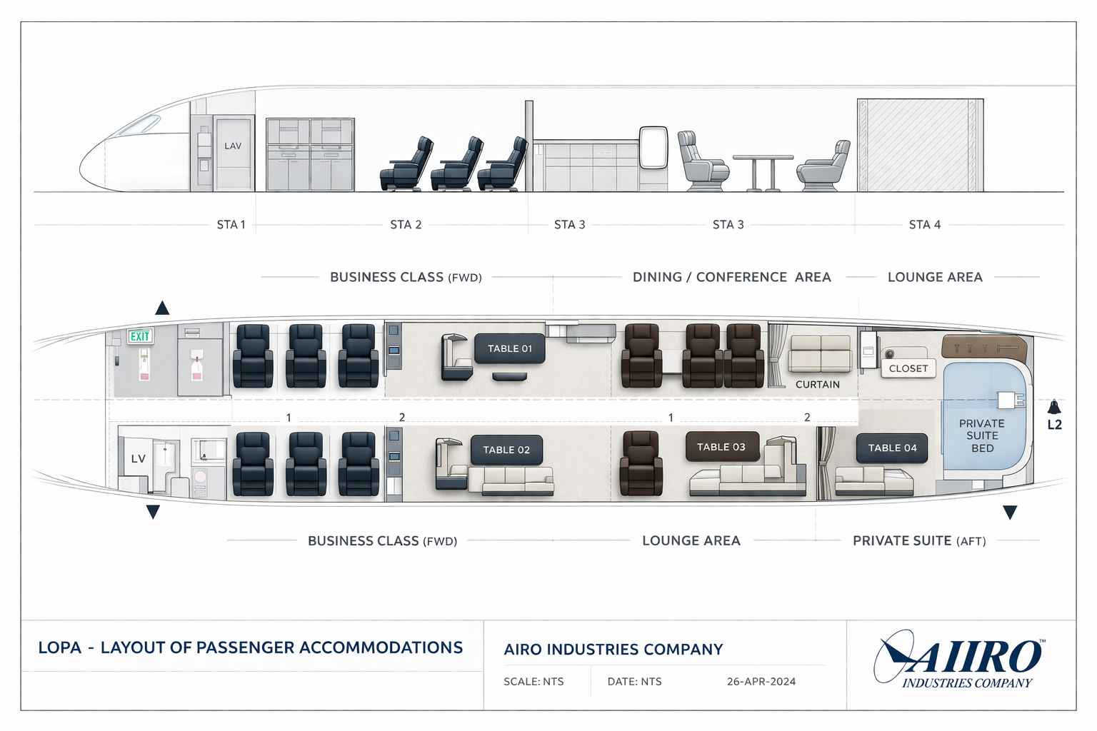 Our VIP aircraft interior design services are tailored for executive and private jet owners seeking luxury, comfort, and performance. AIRO Industries delivers fully customized cabin interiors, combining aesthetics with engineering precision to create world-class aircraft environments. We specialize in transforming aircraft cabins into premium spaces with advanced materials, modern layouts, and high-end finishes. Every VIP aircraft interior design project is executed with strict FAA and EASA compliance, ensuring safety, durability, and long-term reliability.